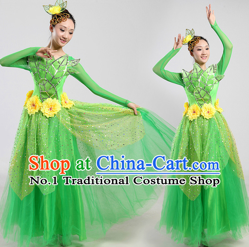 Chinese Green Leaf Dance Costumes and Headwear Complete Set for Women