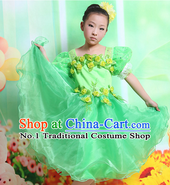 Chinese Flower Dancing Costume and Headwear Complete Set for Kids