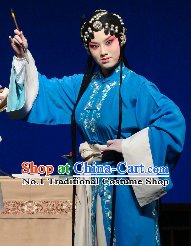 Chinese Traditional Dresses Theatrical Costumes Ancient Chinese Hanfu Qing Yi Blue Costumes and Hair Accessories