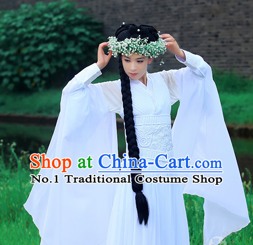 Chinese Traditional White Fairy Han Fu Clothes and Hair Decorations Complete Set