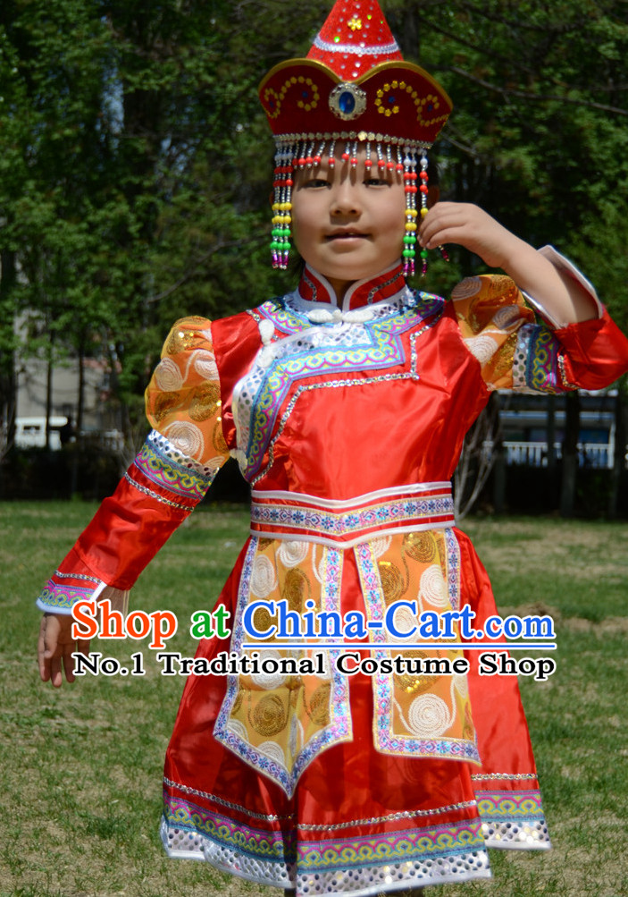 Traditional Chinese Photo Costume Mongolian Costume and Hat Complete Set for Girls