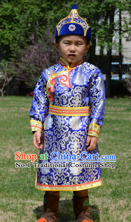 Traditional Chinese Photo Costume Mongolian Clothing and Hat Complete Set for Children