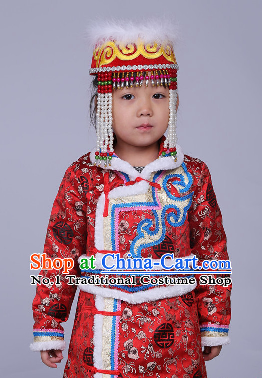 Traditional Chinese Mongolian Long Robe and Hat Complete Set Kids