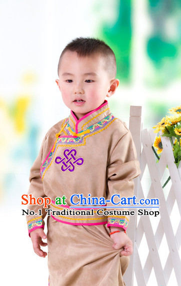 Traditional Chinese Mongolian Long Robe and Hat Complete Set Kids