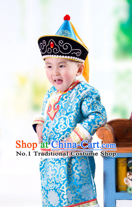 Traditional Chinese Mongolian Dress and Hat Complete Set Kids