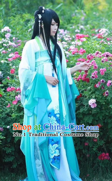 Blue White Ancient Chinese Poetess Costume Complete Set for Women