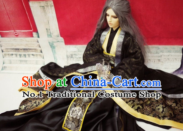 Black Traditional Chinese Swordsman Costumes and Long Wigs Complete Set for Men