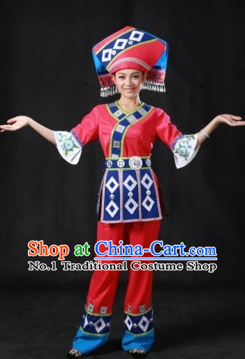 Traditional Chinese Ethnic Zhuang People Folk Clothes and Hat Complete Set for Women