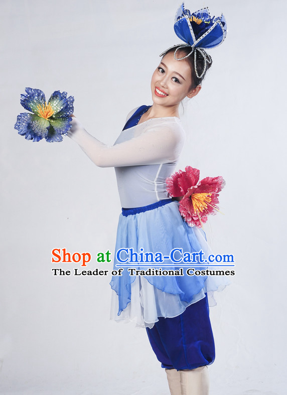 Blue White Flower Dancewear and Flower Hair Decorations Complete Set for Women