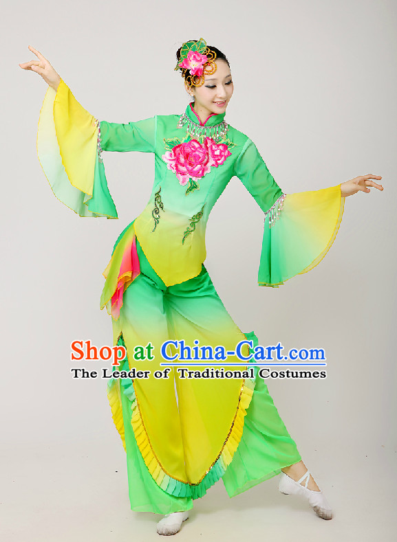 Chinese Folk Fan Group Dance Costume and Hair Jewelry Complete Set