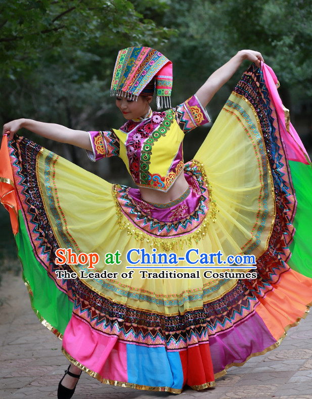 Chinese Ethnic Folk Dance Costume and Headdress Complete Set