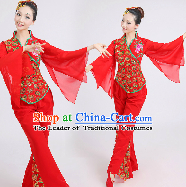 Chinese Red Folk Dance Costumes Group Dancing Costume Dancewear China Dress Dance Wear and Head Pieces Complete Set