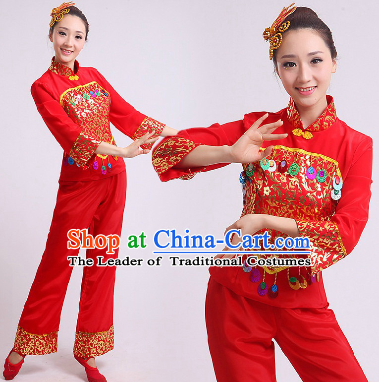 Chinese Stage Performance Dance Costumes Group Dancing Costume Dancewear China Dress Dance Wear and Head Pieces Complete Set