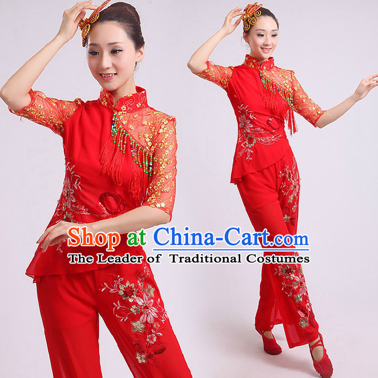 Chinese Fan Dance Costumes Team Dancing Costume Dancewear China Dress Dance Wear and Head Pieces Complete Set