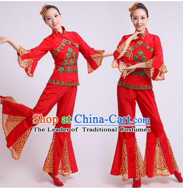 Chinese Fan Dance Costumes Team Dancing Costume Dancewear China Dress Dance Wear and Headwear Complete Set