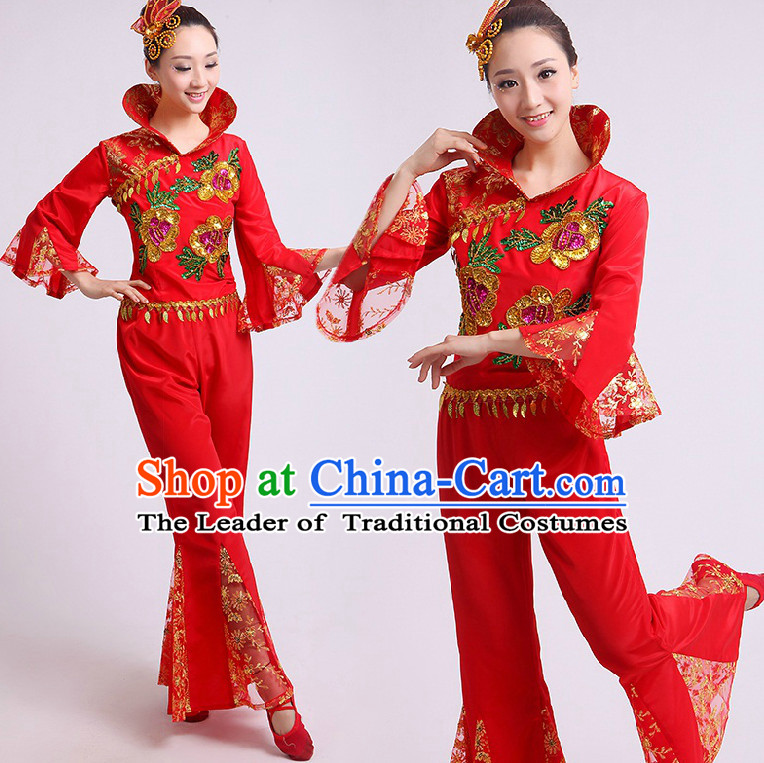 Chinese Fan Dance Costumes Team Dancing Costume Dancewear China Dress Dance Wear and Headwear Complete Set