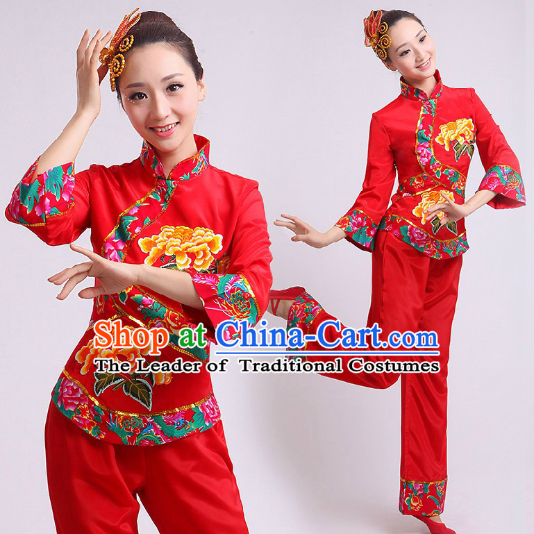 Chinese Fan Dance Costumes Team Dancing Costume Dancewear China Dress Dance Wear and Headwear Complete Set