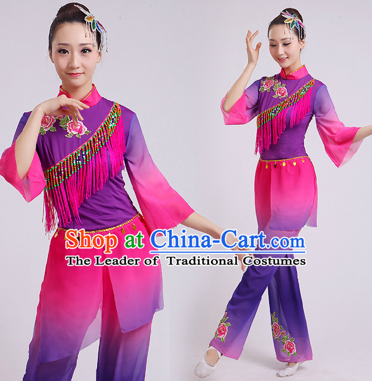 Chinese Fan Dance Costumes Ribbon Dancing Costume Dancewear China Dress Dance Wear and Hair Accessories Complete Set