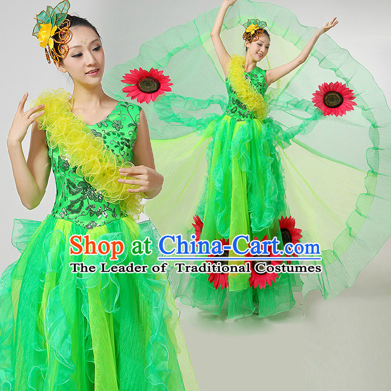 Chinese Festival Celebration Dance Costumes Ribbon Dancing Costume Dancewear China Dress Dance Wear and Hair Accessories Complete Set