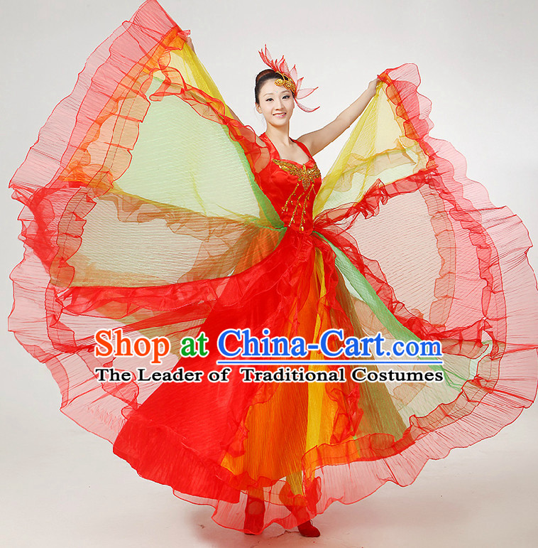 Chinese Festival Dance Costumes Ribbon Dancing Costume Dancewear China Dress Dance Wear and Hair Accessories Complete Set