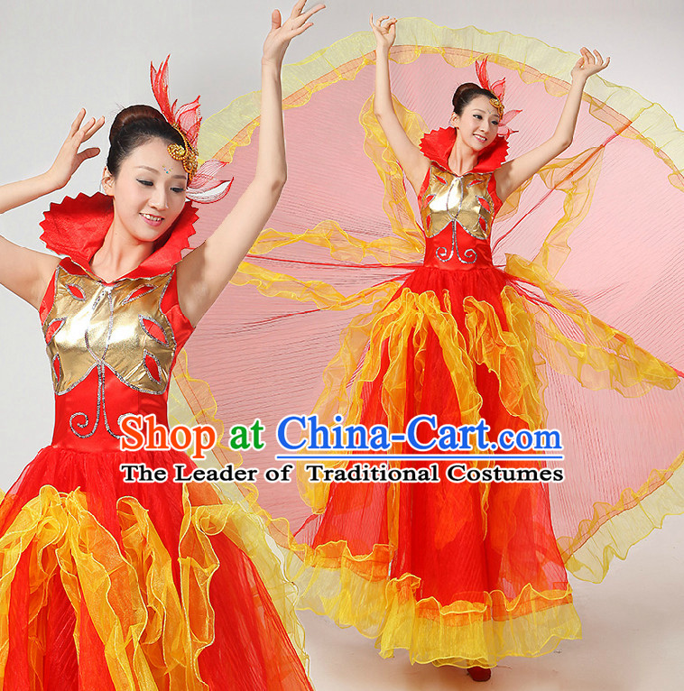 Chinese Festival Dance Costumes Ribbon Dancing Costume Dancewear China Dress Dance Wear and Hair Accessories Complete Set