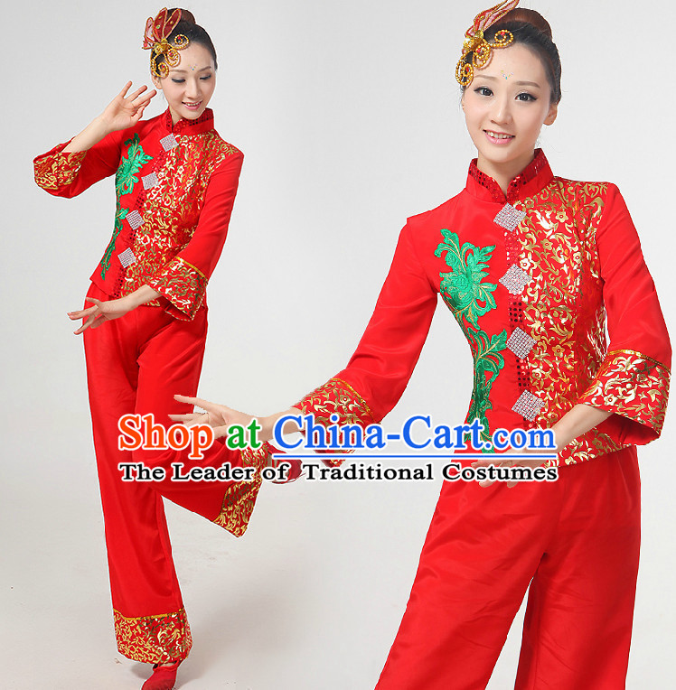 Chinese Festival Dance Costumes Ribbon Dancing Costume Dancewear China Dress Dance Wear and Hair Accessories Complete Set