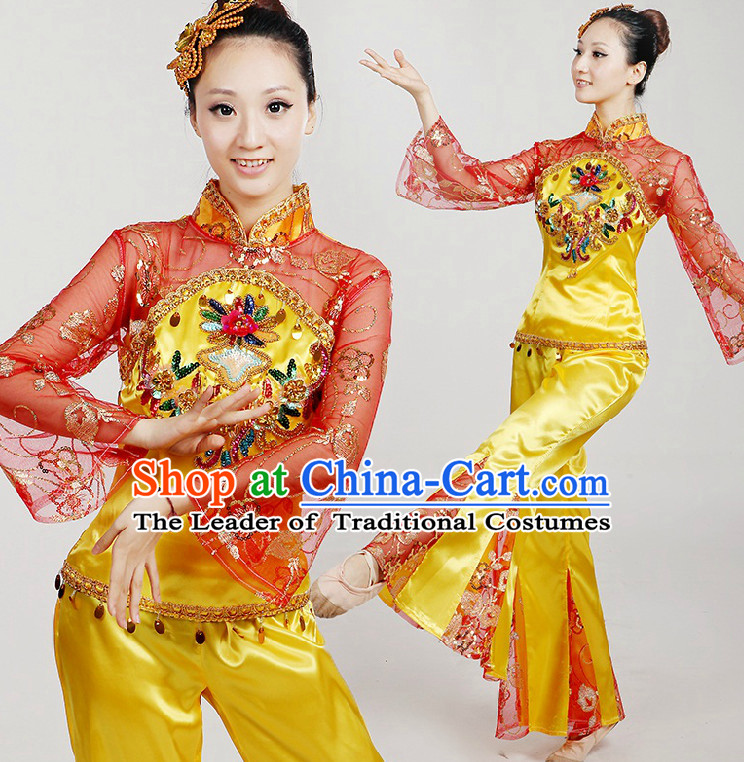 Chinese Dance Costumes Ribbon Dancing Costume Dancewear China Dress Dance Wear and Hair Accessories Complete Set