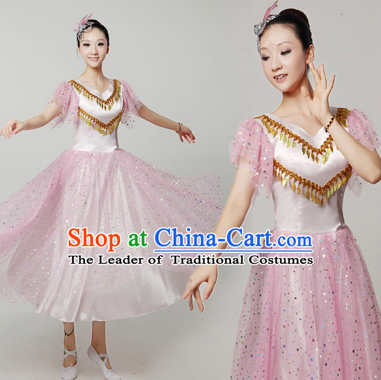 Asian Dance Costumes Ribbon Dancing Costume Dancewear China Dress Dance Wear and Headwear Complete Set