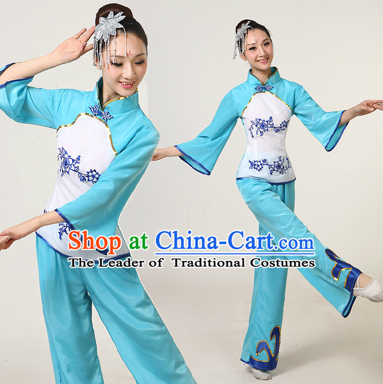 Asia Dance Costumes Ribbon Dancing Costume Dancewear China Dress Dance Wear and Headpieces Complete Set