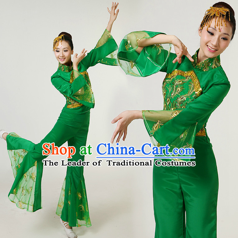 Chinese Dance Costumes Competition Costumes Dancewear China Dress Dance Wear and Headpieces Complete Set