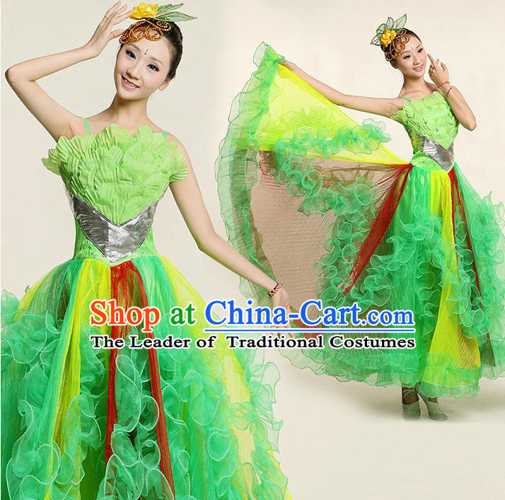 Chinese Dance Costume Competition Costumes Dancewear China Dress Dance Wear and Headpieces Complete Set