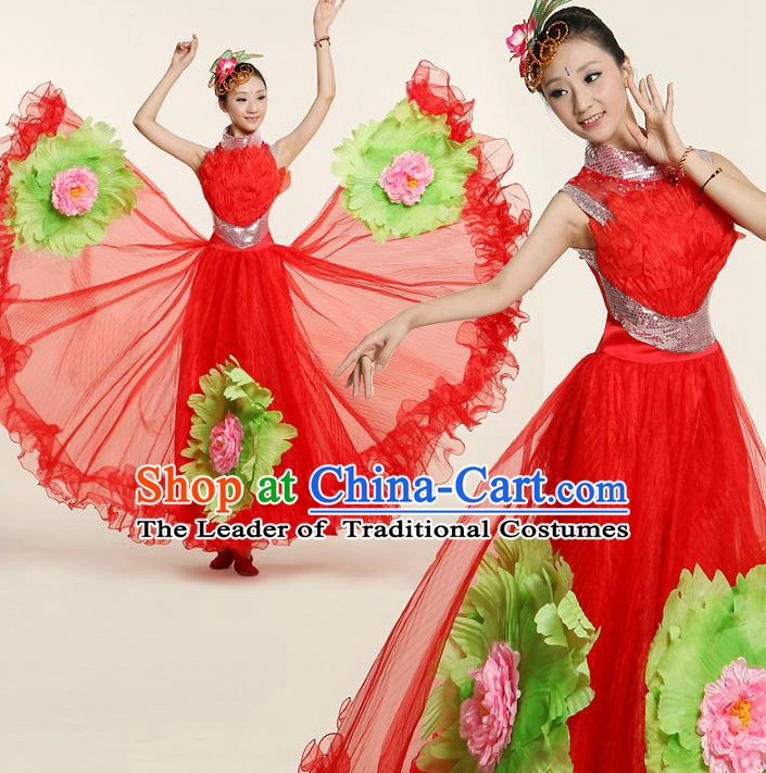 Chinese Flower Dance Costume Competition Costumes Dancewear China Dress Dance Wear and Headpieces Complete Set