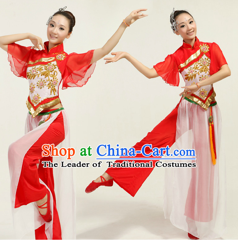 Asian Dance Costume Competition Costumes Dancewear China Dress Dance Wear and Headpieces Complete Set