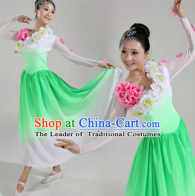 Asian Dance Costume Competition Costumes Dancewear China Dress Dance Wear and Headpieces Complete Set