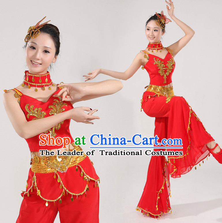 Asian Dance Costume Competition Costumes Dancewear China Dress Dance Wear and Headpieces Complete Set