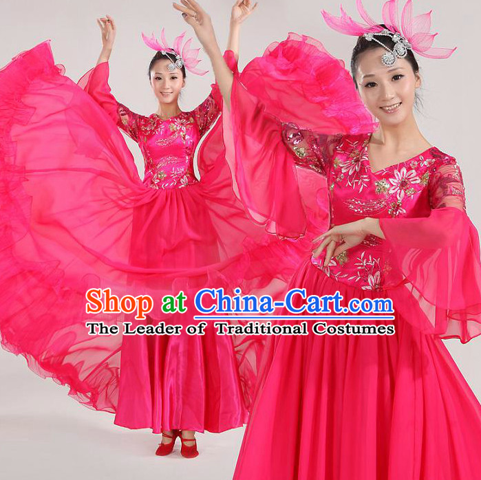 Asian Dance Costume Competition Costumes Dancewear China Dress Dance Wear and Headpieces Complete Set