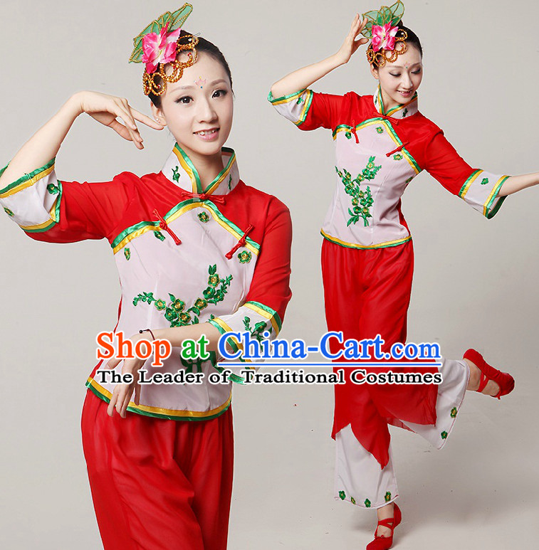 Chinese Stage Dance Costumes Ribbon Dancing Costume Dancewear China Dress Dance Wear and Hair Accessories Complete Set