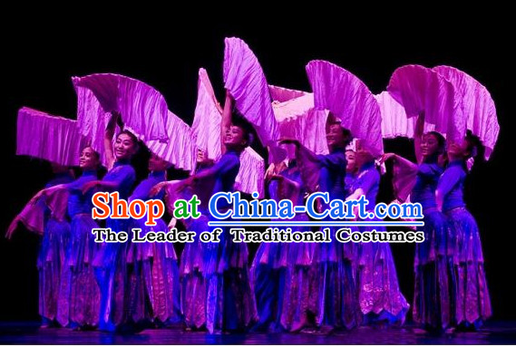 Chinese Blue Fan Dancing Group Costume for Girls