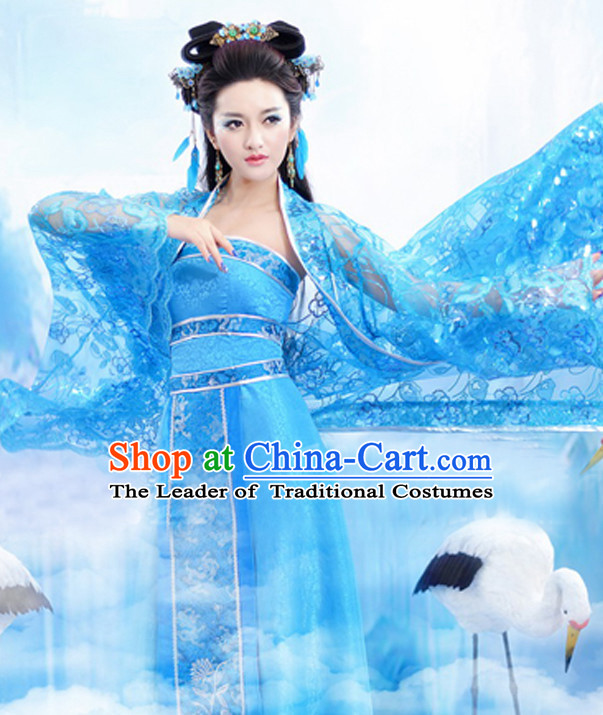 Blue Chinese Classic  Sexy Costume and Hair Jewelry Complete Set for Women