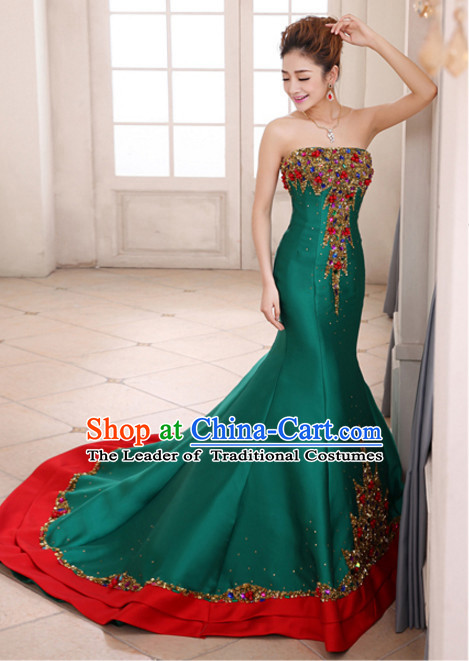 Top Chinese Green Long Tail Wedding Dress Evening Dress and Hair Jewelry Complete Set