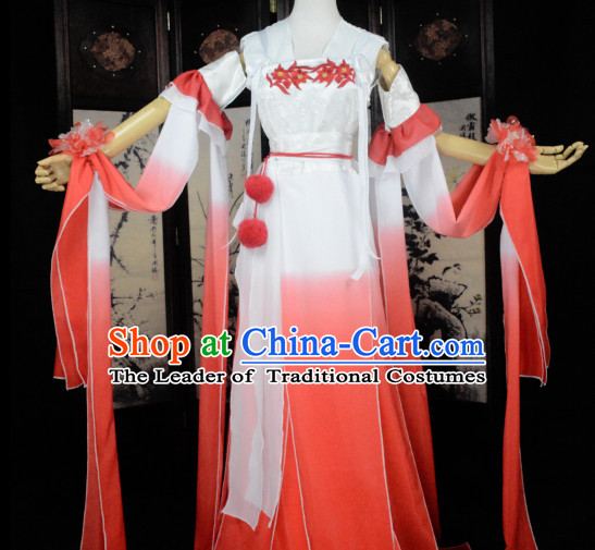 Red and White Traditional Chinese Classical Hanfu Clothes Complete Set with Long Tail