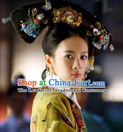 Qing Dynasty Manchu Empress Black Wigs and Head Wear Headpieces Hair Jewelry