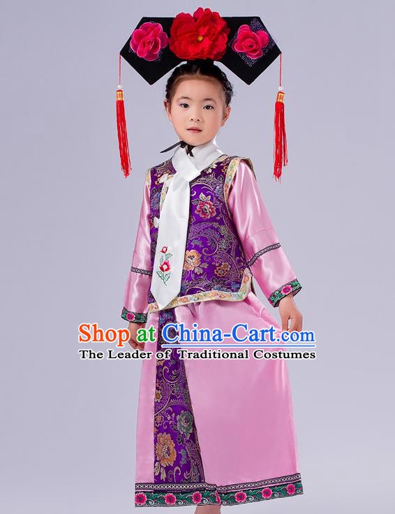 Ancient Chinese Palace Costumes Complete Set, Traditional Qing Dynasty Ancient Princess Skirt, Manchu Children Clothing, Cosplay Manchu Princess Dress Suits for Kids