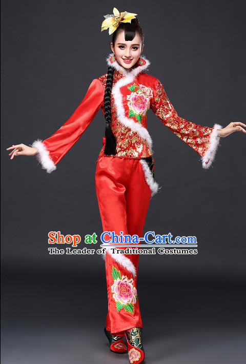 Traditional Chinese Yangge Fan Dancing Costume, Folk Dance Yangko Costume for Women