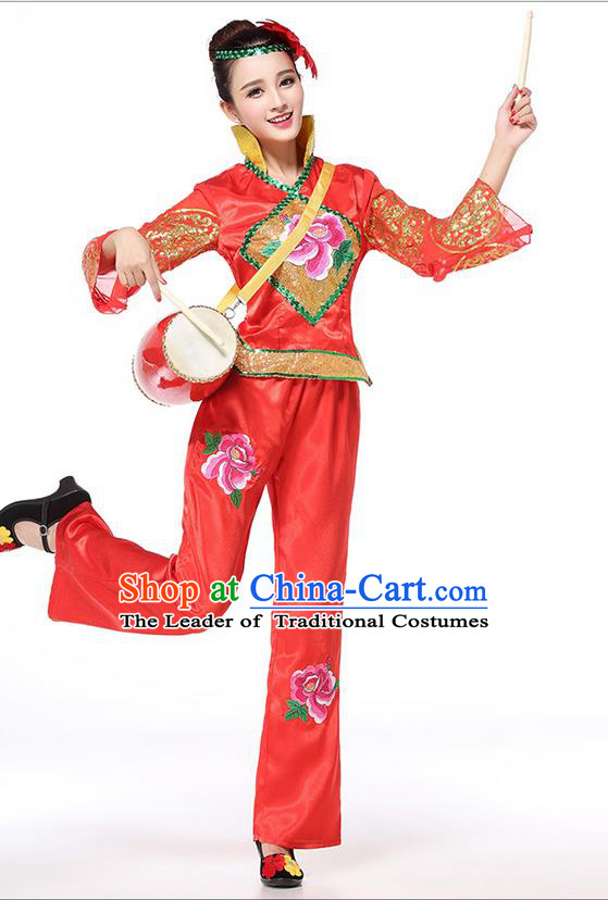 Traditional Chinese Yangge Fan Dancing Costume, Folk Dance Yangko Costume for Women