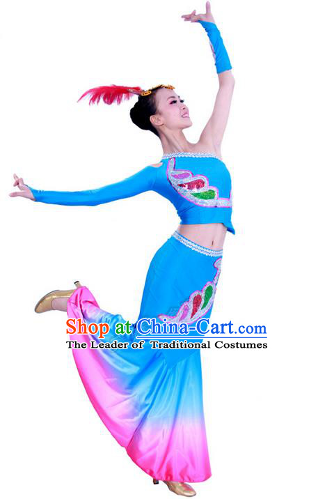 Traditional Chinese Dai nationality Peacock Dancing Costume, Folk Dance Ethnic Costume, Chinese Minority Nationality Dancing Costume for Women