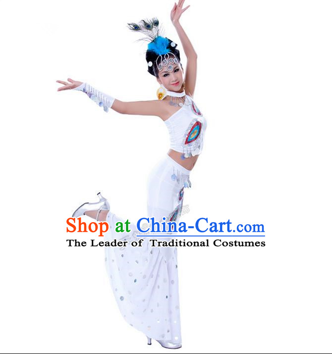 Traditional Chinese Dai nationality Peacock Dancing Costume, Folk Dance Ethnic Costume, Chinese Minority Nationality Dancing Costume for Women