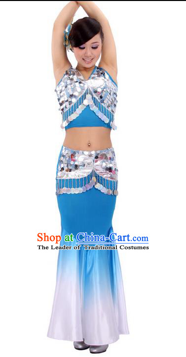 Traditional Chinese Dai nationality Peacock Dancing Costume, Folk Dance Ethnic Fish Tail Costume, Chinese Minority Nationality Dancing Costume for Women