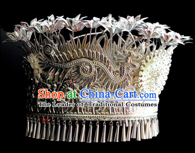 Chinese Traditional Miao Minority Hmong Folk Ethnic Hat, Miao Minority Sliver Crown Jewelry Accessories, Miao Headgear for Women