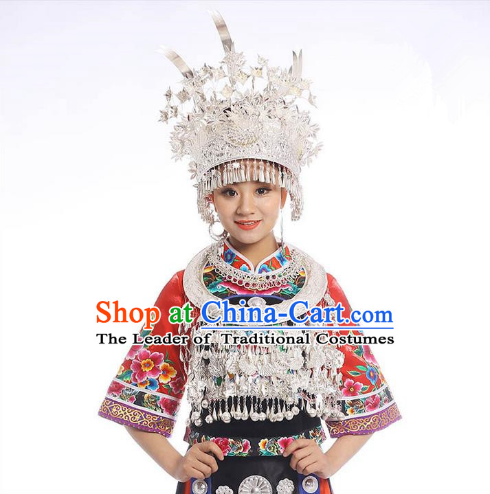 Chinese Traditional Miao Minority Hmong Folk Ethnic Necklace, Phoenix Silver Headwear Crown, Miao Jewelry Accessories Set for Women